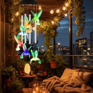 Solar Hummingbird Wind Chime With Aluminum Tubes 7 Color Changing Wind Chime For Outside IPX4 Waterproof Outdoor Garden Yard Decor