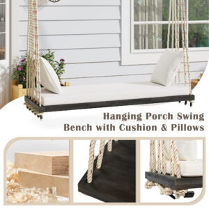 TOPMAx Patio Wooden Swing Chair Hanging Porch Swing Bench With Cushion&Pillows 10.8Ft Hemp Ropes For Garden Lawn Brown