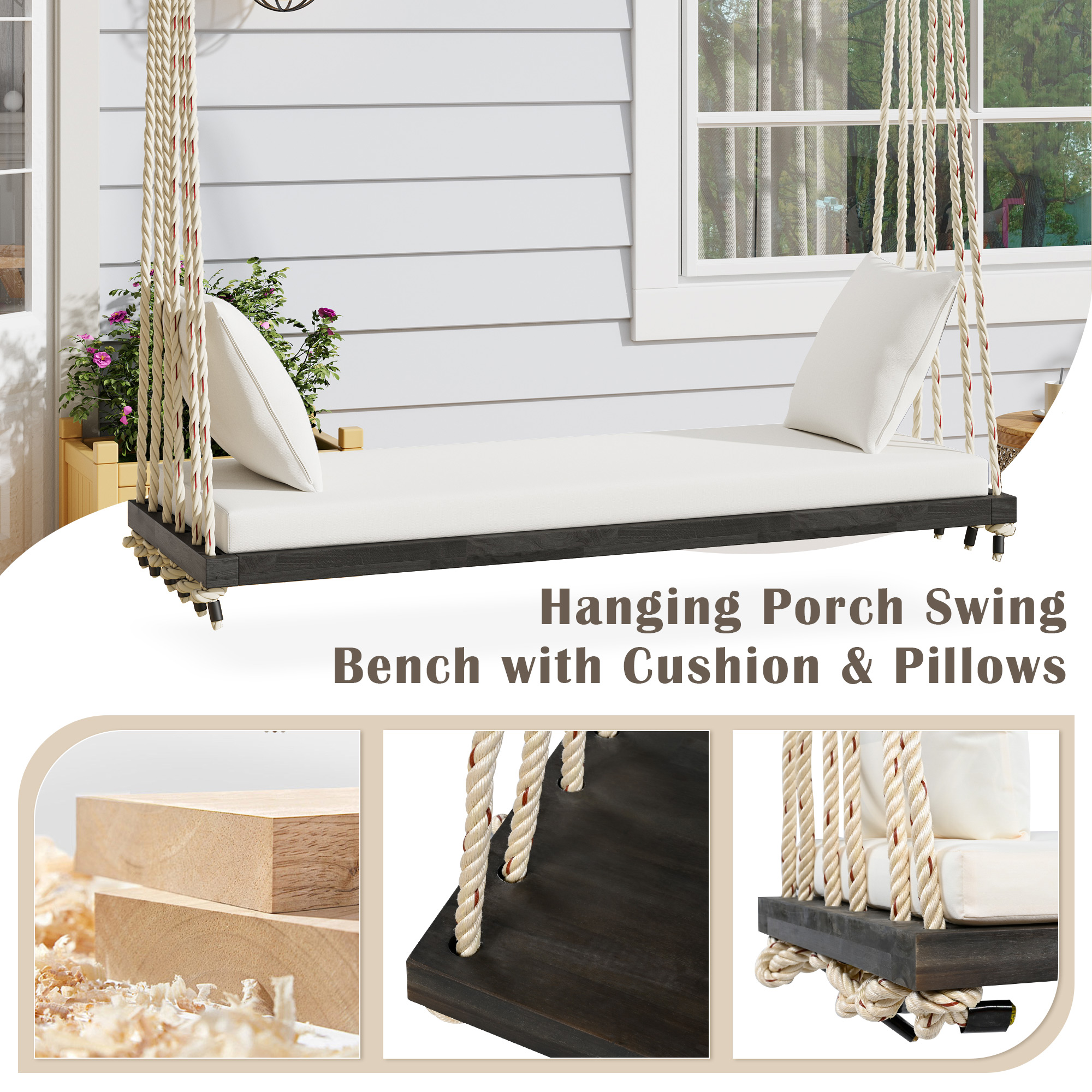 TOPMAx Patio Wooden Swing Chair Hanging Porch Swing Bench With Cushion&Pillows 10.8Ft Hemp Ropes For Garden Lawn Brown - Image 3