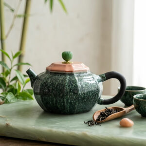 925 Sterling Silver Handcrafted Forest Green Mottled Ceramic Teapot with Pale Pink Lid and Green Finial – Handicraft
