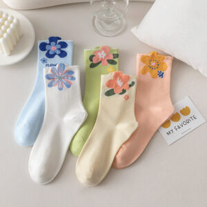 Women's Cute Flower Print Crew Socks, 5-Pack Pastel Color Casual Socks, Soft Floral Pattern Knit Socks For Daily Wear & Spring