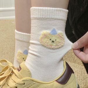 Flocked Cute INS-style Bear Head Cartoon Mid-calf Socks, All-season Style For Girls, Soft, Sweat-absorbent, Versatile Cotton Socks For Wholesale