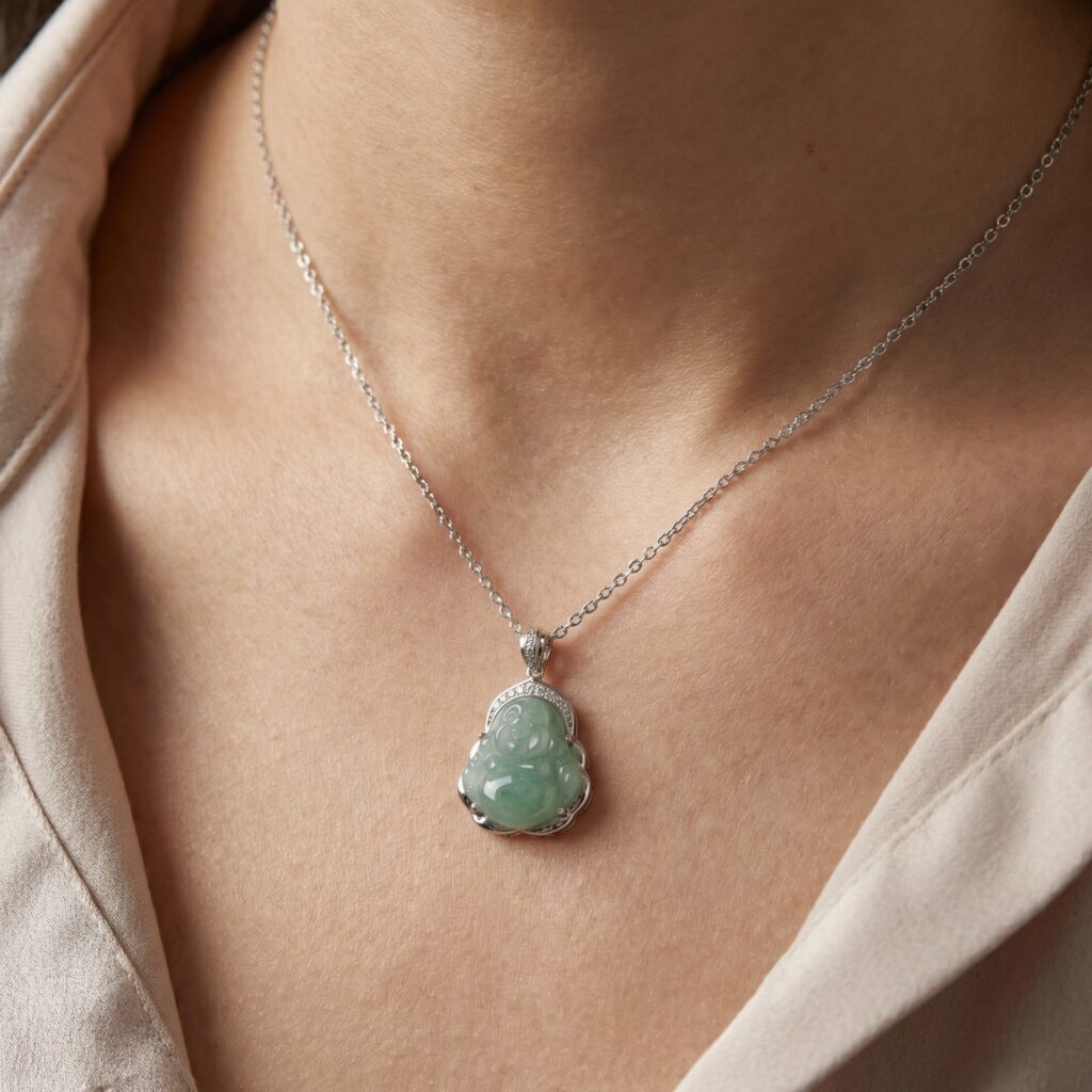 925 Sterling Silver Exquisite Green Jade Laughing Buddha Pendant Necklace in Sterling Silver with Shimmering Accents