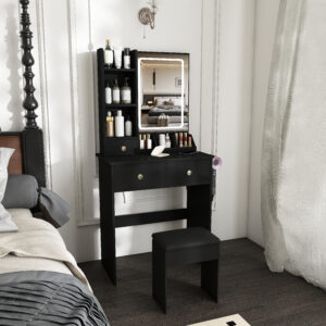 Modern Small Vanity Desk Featuring 3 Modes Of LED Lighting With Adjustable Brightness 3 Drawers And Multiple Open Storage Shelves A Hair Dryer Holder And Power Socket And A Dressing Chair. Black