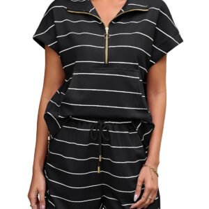 Fisoew Women Summer 2 Piece Outfits Striped Short Sleeve Zipper Shirts Casual Shorts Loose Lounge Short Sets
