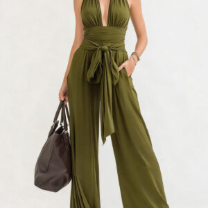 Sophisticated Halter-Neck V-Neck Long Solid-Colored Jumpsuit