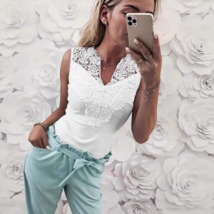 V-Neck Lace-trimmed Patchwork Sleeveless Pullover T-Shirt For Women