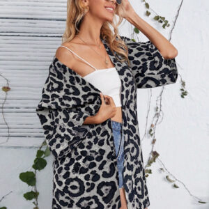 Sheer Leopard-Print Womens Casual Cardigan Coat