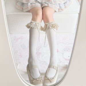 Lace Trim Calf Socks, Japanese Style Lolita Socks For Women, Thin White Slouch Socks For Autumn, Bowknot Mid-Calf Socks