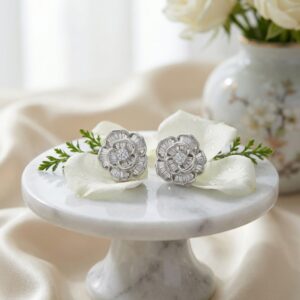 925 Sterling Silver Elegant Floral Camellia Baguette and Round Brilliant Cut CZ Stud Earrings