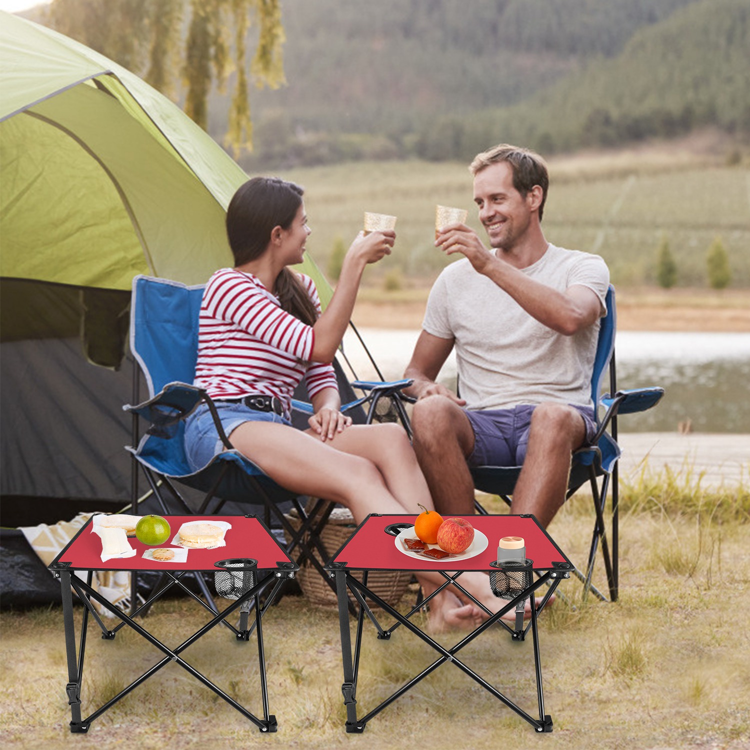 1Pc 2Pc Options Foldable Camping Table Portable Picnic Table Lightweight Travel Desk With 2 Cup Holders Carrying Bag Color Options Black Orange Green Red Blue Navy Blue - Image 9