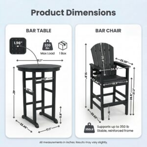 3-Piece Black HDPE Indoor Outdoor Bar Height Bistro Set, 31.1 Round Pub Table With 2 Bar Stools, All-Weather Patio Furniture For Balcony, Deck, Poolside & Coastal Use