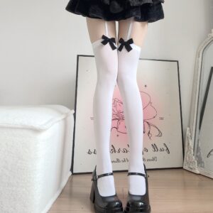 Black & White Velvet Bow Thigh High Socks, Garter Belt Style Over The Knee Stockings, Coquette Lolita Aesthetic Legwear For Women