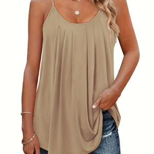Women's Casual Summer Pleated Round Neck Keyhole Loose Top