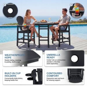 3-Piece HDPE Bar-Height Patio Set, 42.1 Square High Top Pub Table 2 Bar Chairs, All-Weather Outdoor Bistro Dining Set, Black