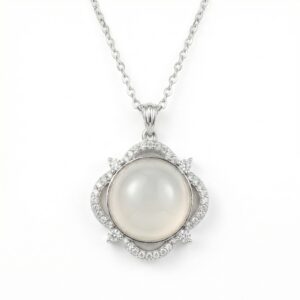 925 Sterling Silver Exquisite Round Moonstone Cabochon Pendant Necklace with Sparkling Halo Accents