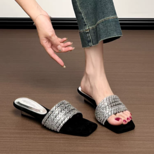 Women’s Rhinestone One-Strap Sandals, New Trendy Design For Summer 2026, Outdoor Wear, Gorgeous Suede Elegant Wedge Slide Sandals