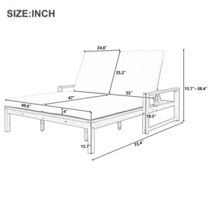 TREXM Outdoor Double Lounge Chair With 5-Position Adjustable Backrest For Each Seat Wood Patio Chaise Lounge With Removable Cushions For Patio Poolside Garden Grey Beige Cushion