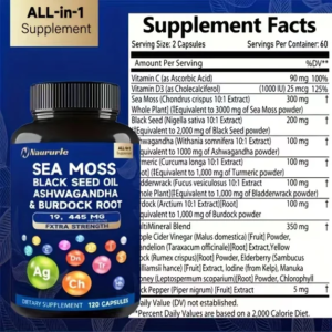 Sea Moss Black Seed Oil Ashwagandha & Burdock Root 19445mg Extra Strength Capsules - All-in-One Superfood Supplement For Immune Support, Energy & Vitality - 120 Capsules