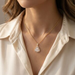 925 Sterling Silver Elegant Translucent White Buddha Teardrop Necklace with Radiant Crystal Halo