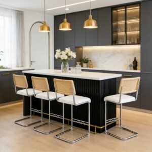 Natural Rattan Bar Stool 4-piece Set With Solid Wood Backrest 25 Inches Medieval Modern Style Counter Stool White PU Leather Kitchen Stool Chrome Metal Legs.