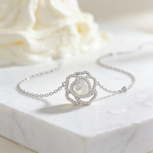 925 Sterling Silver Elegant CZ Rose Heart Moonstone Necklace in White Precious Metal