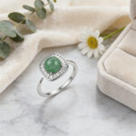 925 Sterling Silver Elegant Green Jade Cabochon Ring with Sparkling Gemstone Halo