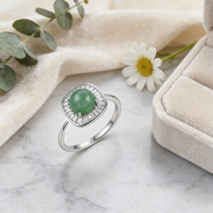 925 Sterling Silver Elegant Green Jade Cabochon Ring with Sparkling Gemstone Halo