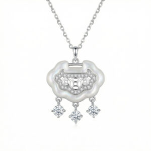 925 Sterling Silver Sterling Silver Ruyi Longevity Lock Pendant Necklace with Mother-of-Pearl and Crystal Charms