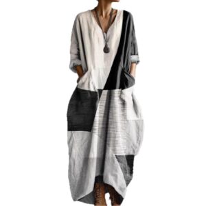 Printed Art Pocket V-Neck Long-Sleeve Dress