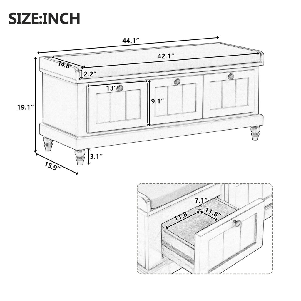 TREXM Classic Shoe Bench With Cushion And Three Drawers Fluted Entryway Bench With Storage For Living Room Entryway And Hallways Light Gray