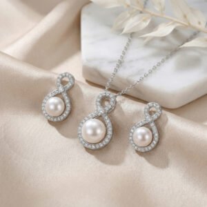 925 Sterling Silver Elegant Sterling Silver Infinity Pearl Necklace and Earrings Jewelry Set