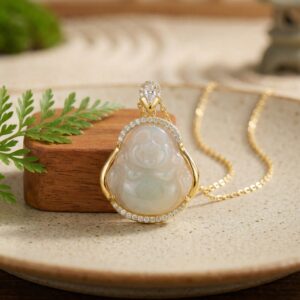925 Sterling Silver Serene Translucent Jadeite Buddha Pendant Necklace Featuring A Shimmering Stone-Encrusted Frame