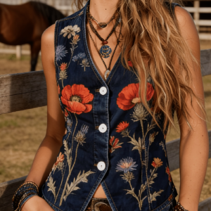 Western Style Denim Vest With Retro Floral Print V-neck Short Sleeveless Vest