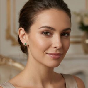 925 Sterling Silver Stunning Round Emerald Center Earrings with Baguette and Round CZ Halo Design