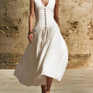 V-Neck Buttoned Chic Elegant Sleeveless Cotton-Linen Dress