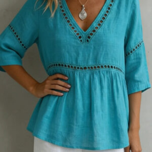Solid-color V-neck Hollow-out Casual Fringed Top