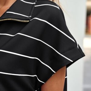 Fisoew Women Summer 2 Piece Outfits Striped Short Sleeve Zipper Shirts Casual Shorts Loose Lounge Short Sets