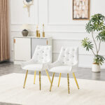 Pattern Premium PU Leather Accent Chair, Diamond Decor Backrest, Chrome Golden Metal Legs & High-Resilience Sponge Cushion Versatile For Office, Dining Room & Living Room White, Set Of 2