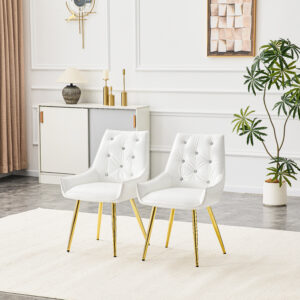 Pattern Premium PU Leather Accent Chair, Diamond Decor Backrest, Chrome Golden Metal Legs & High-Resilience Sponge Cushion Versatile For Office, Dining Room & Living Room White, Set Of 2