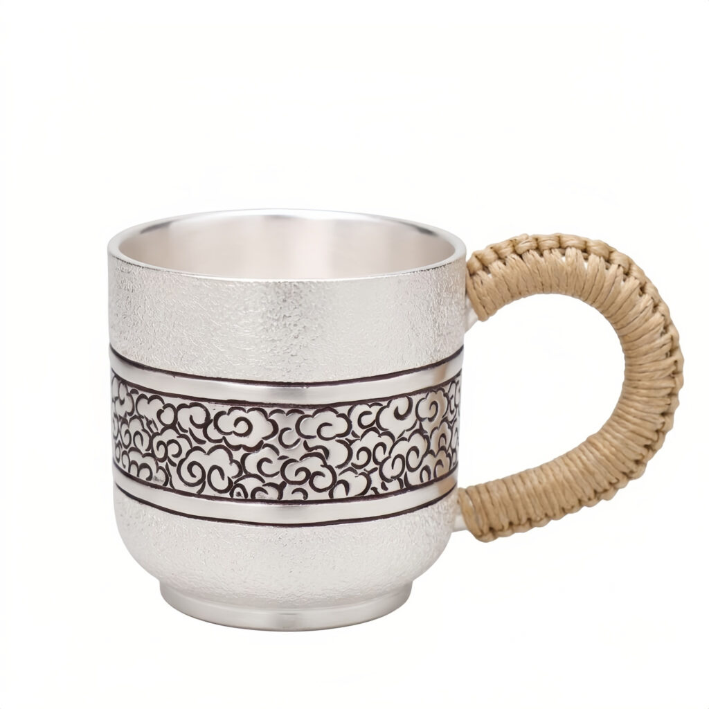 Pure 999 Fine Silver Handcrafted Silver Tea Cup with Engraved Cloud Pattern and Woven Grip Handle - Handicraft
