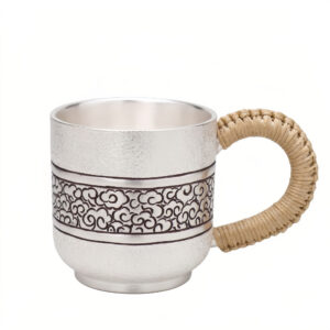 Pure 999 Fine Silver Handcrafted Silver Tea Cup with Engraved Cloud Pattern and Woven Grip Handle - Handicraft