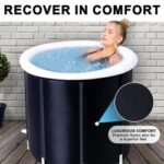 Woman relaxing in a round black outdoor hot tub with a white rim against a brick wall; caption says 'RECOVER IN COMFORT'. The image includes a circular inset about 'luxurious comfort' and premium nylon skin for a superior feel.