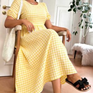 Plaid Crew-Neck Full-Swing Plus-Size Dress