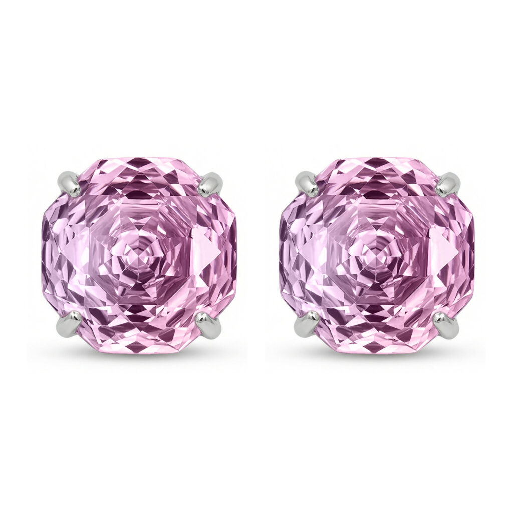 925 Sterling Silver Elegant Octagonal-Cut Pink Gemstone Stud Earrings in Polished White Metal
