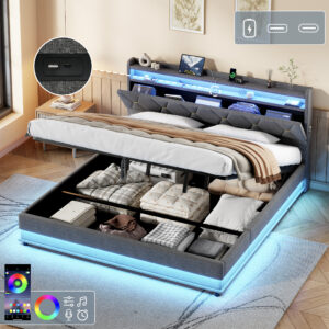 6ft Super King Upholstered Bed Frame With Hydraulic Storage, LED Headboard With Charging Station And Concealed Headboard Storage, USB And Type - C Ports, Linen, Grey No Mattress