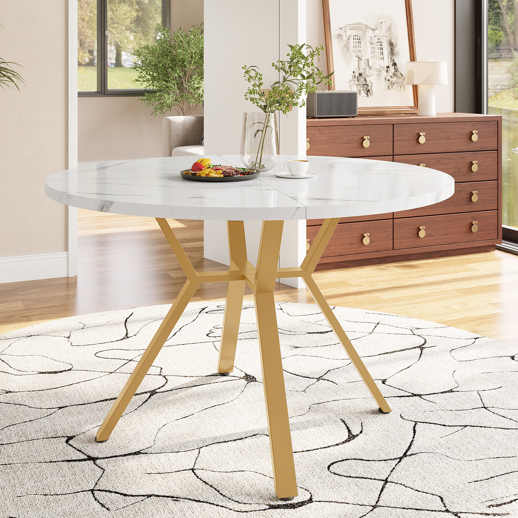 Dining Table Set, Dining Table And Chair Set 5-piece , Modern, Simple Round Marble Dining Table And Chair Set, Gold-coloured Metal Table Legs 4 Ergonomic Velvet Chairs, Green Dining Chairs - Image 2