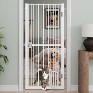 61 Extra Tall Cat Gate For Doorway, Adjustable Wide 30.2 -32.6 Dog Door With Cat Door, Suitable For Doorways Or Kitchen, No Drilling Pressure Mount Kit, White