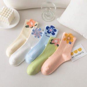 Women's Cute Flower Print Crew Socks, 5-Pack Pastel Color Casual Socks, Soft Floral Pattern Knit Socks For Daily Wear & Spring