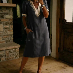 Loose-fit Patchwork Lace Cotton Short-sleeve Dress